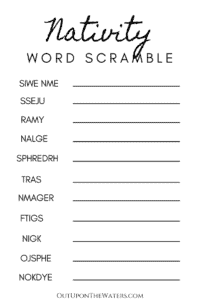 Easy Nativity Word Scramble for Kids - Out Upon the Waters