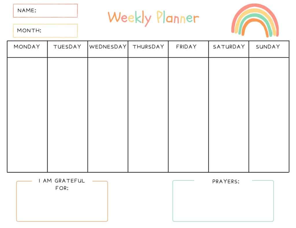 free weekly planner for kids with gratitude and prayers