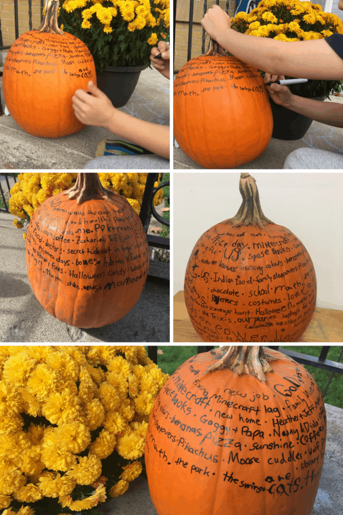 pumpkin with things we are grateful for written on it