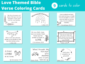 Love themed Bible verse coloring cards