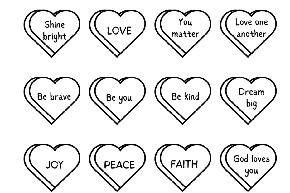 God's love conversation hearts coloring page